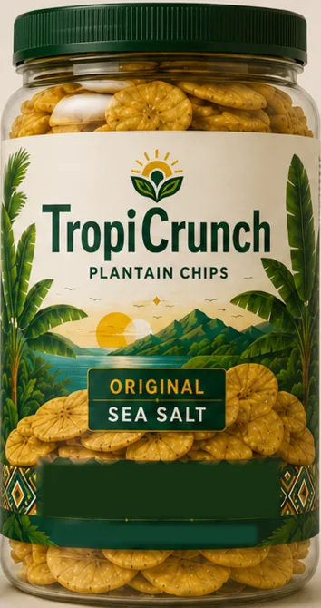 TropiCrunch Original Sea Salt plantain chips in a clear container with a green lid