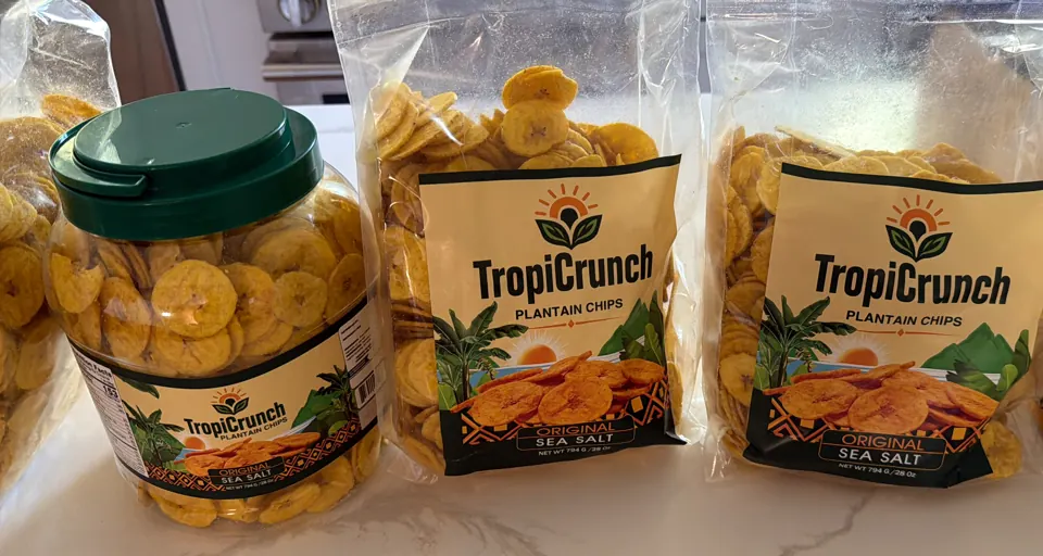 TropiCrunch Original Sea Salt plantain chips: a jar with a green lid and two bags